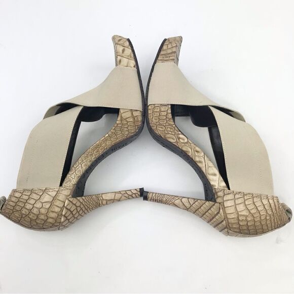 Donald J. Pliner Tan Crisscross Elastic Faux Crocodile Open Toe Heels - Picture 4 of 16